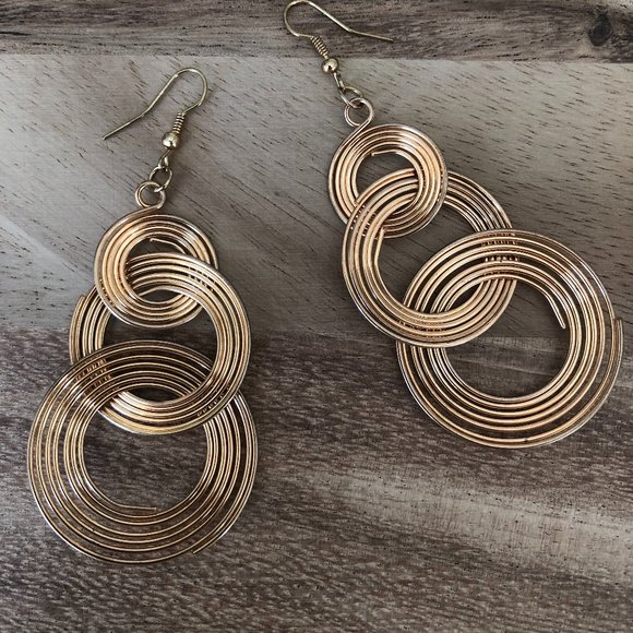 Gold Triple Multilayered Ring Dangling Earrings - Picture 2 of 3